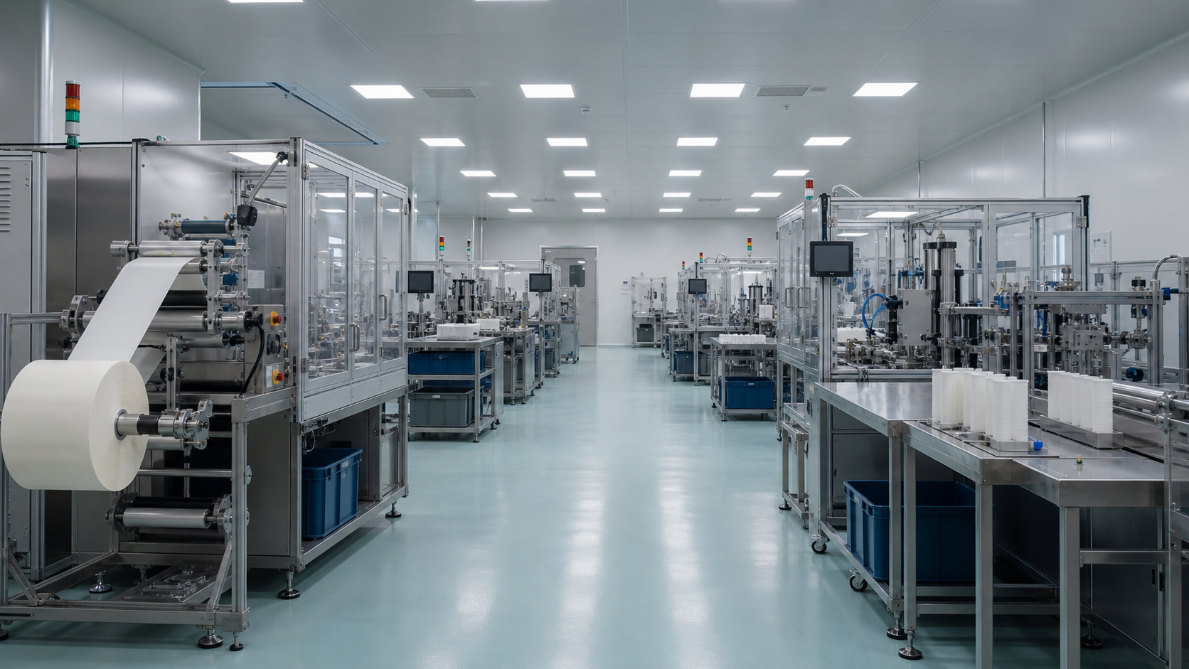 Spacious clean filtration-media and filter-cartridge workshop with converting, winding, assembly and inspection equipment