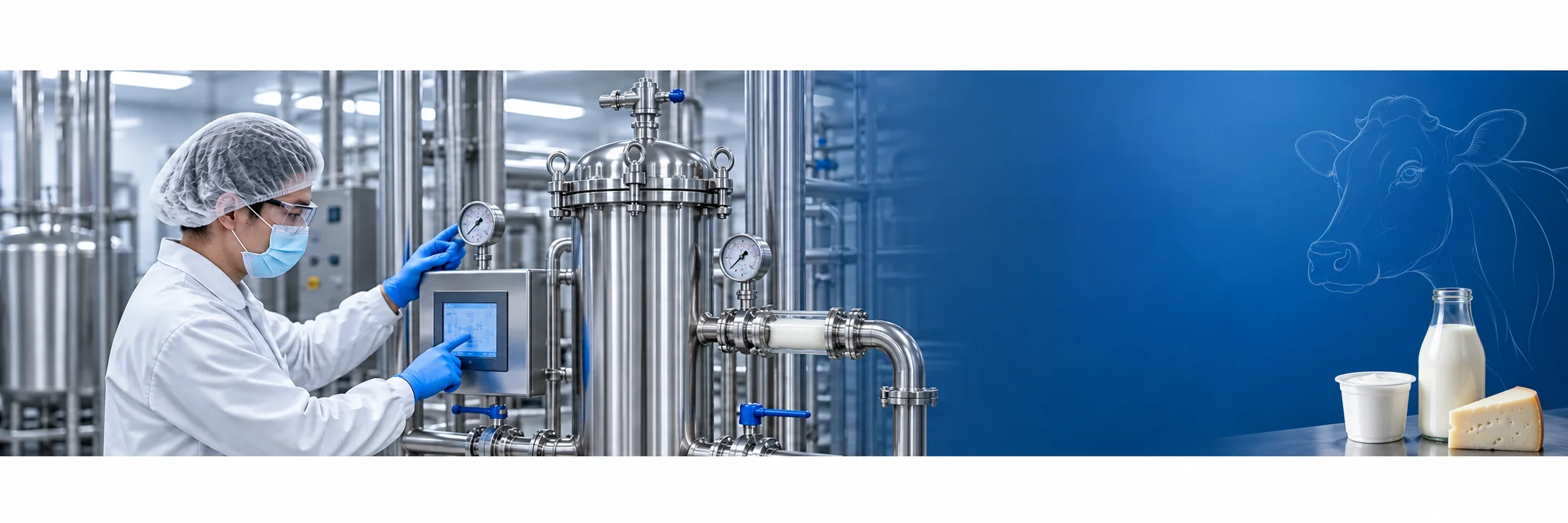 Filtration equipment and an operator in dairy production, with milk, yogurt and cheese on the right